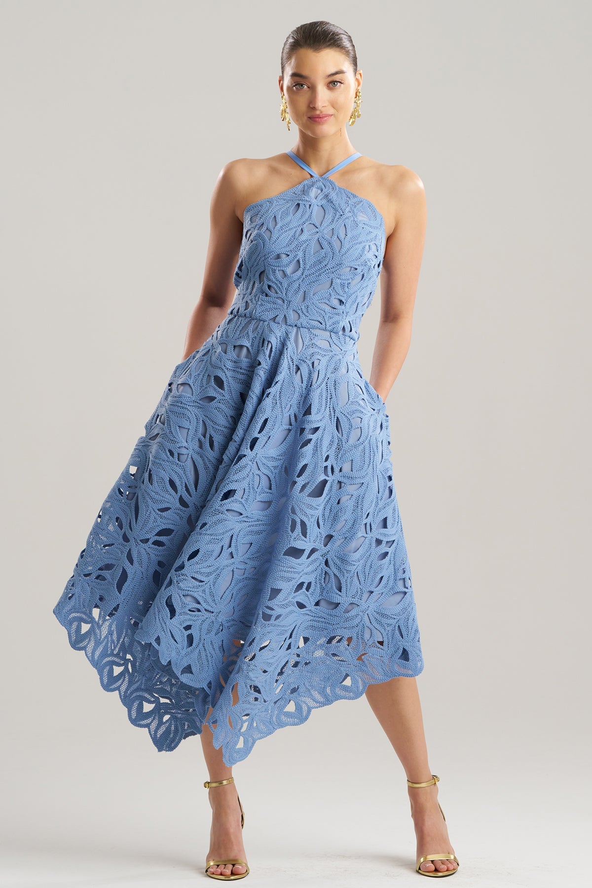 NATORI Cutout Leaf Lace Halter Dress