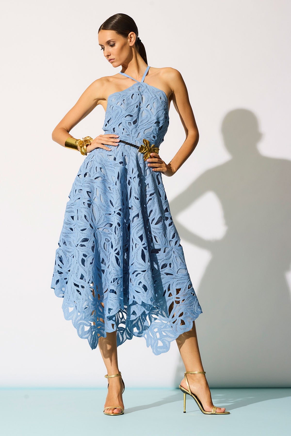 NATORI Cutout Leaf Lace Halter Dress
