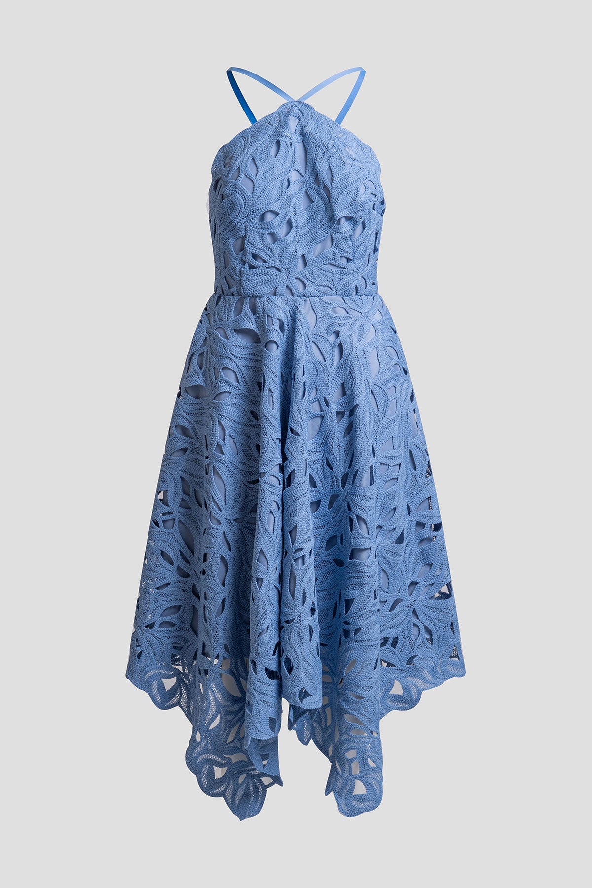 NATORI Cutout Leaf Lace Halter Dress