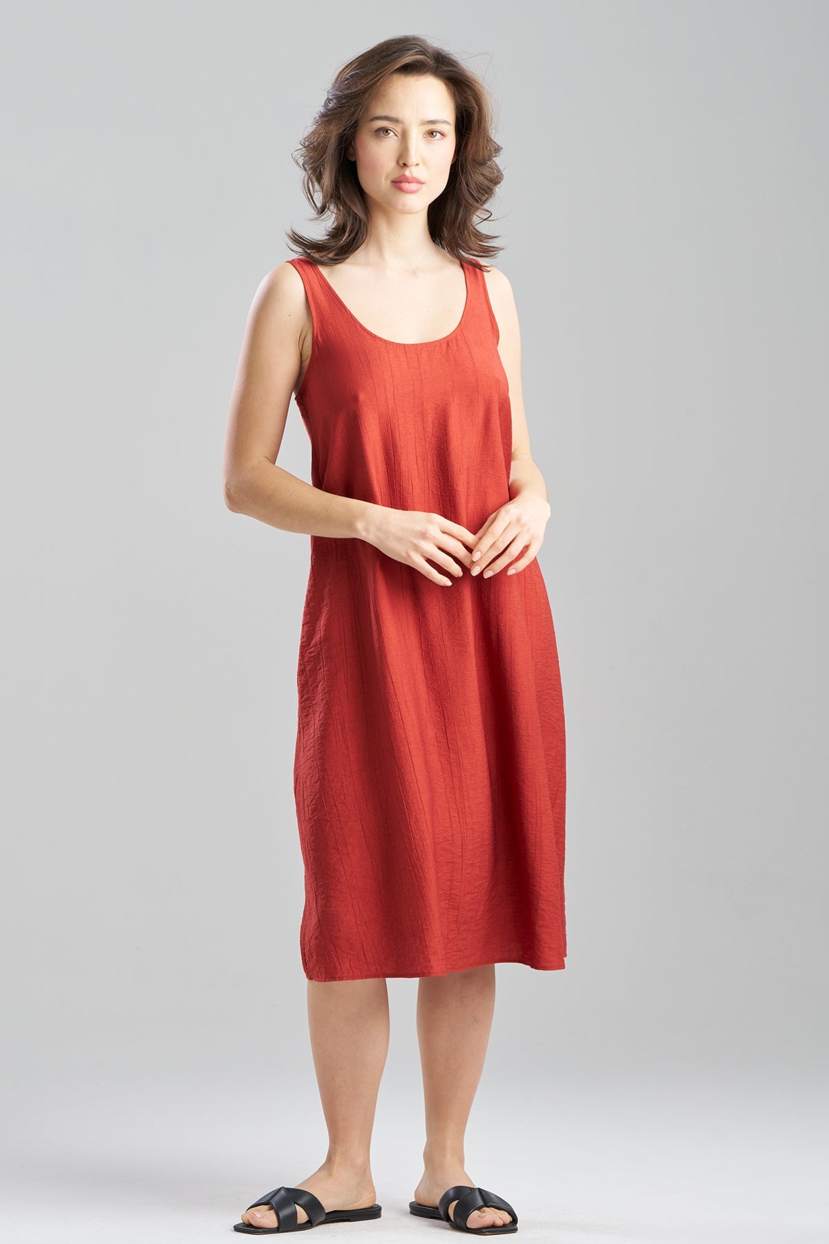 NATORI Terra Foil Crinkle Scoop Neck Slip Dress