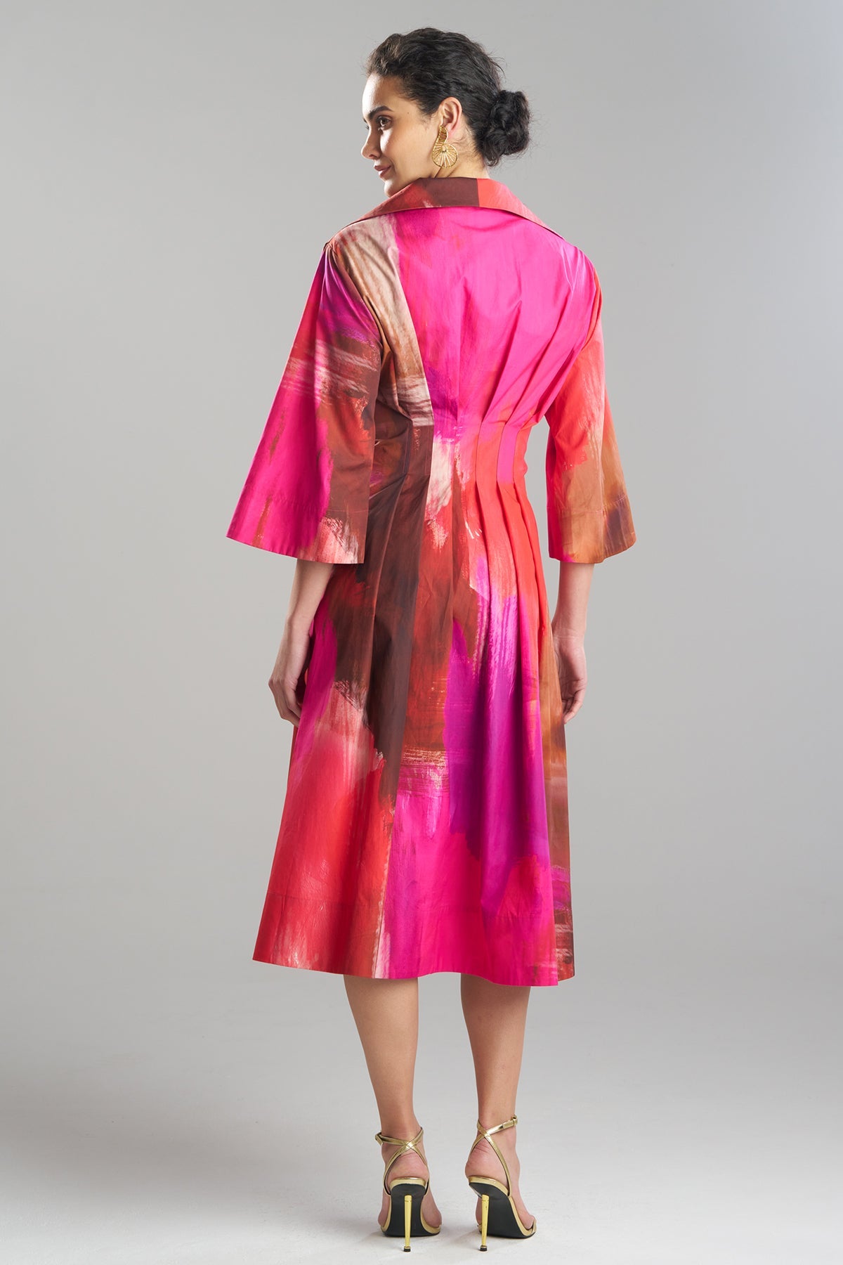 NATORI Brushstroke Cotton Taffeta Bell Sleeve Shirtdress