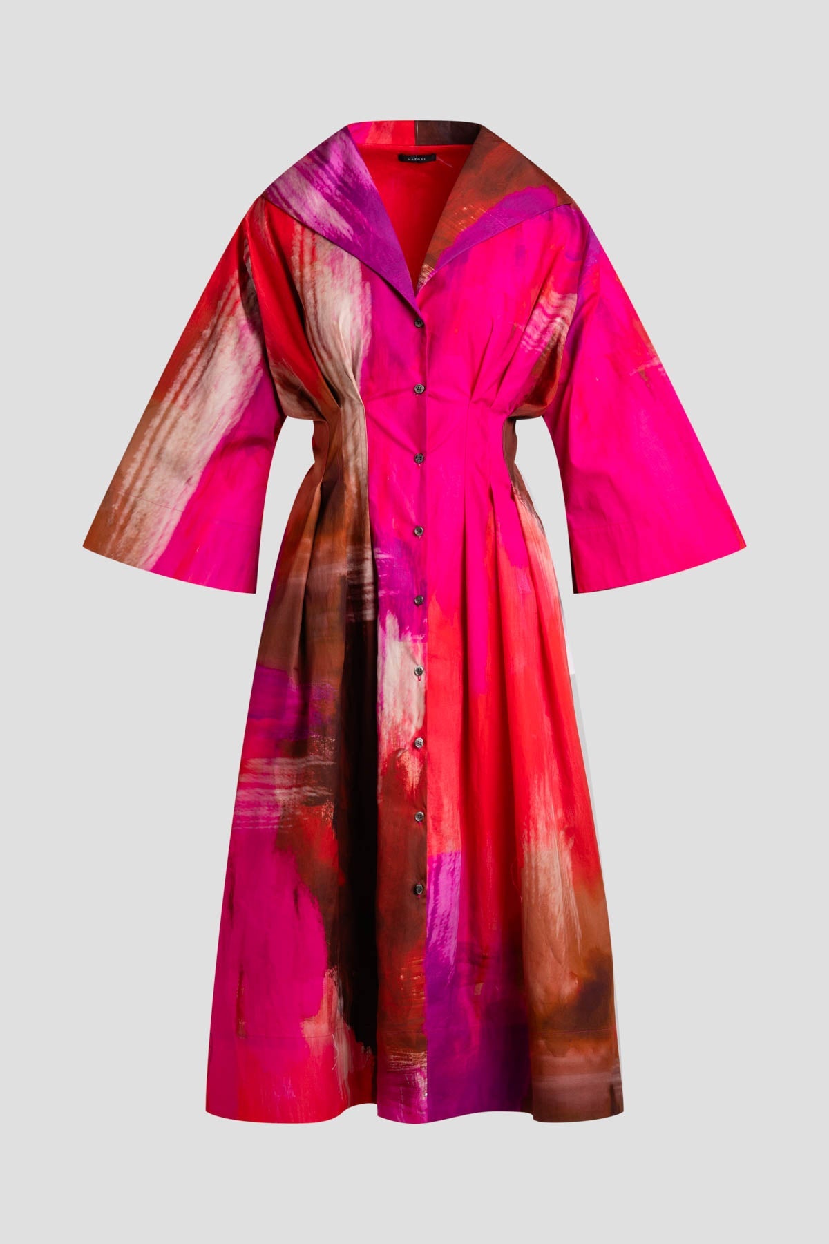 NATORI Brushstroke Cotton Taffeta Bell Sleeve Shirtdress