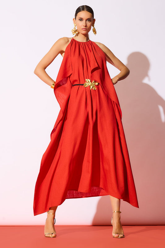 NATORI Solid Linen Belted Maxi Dress