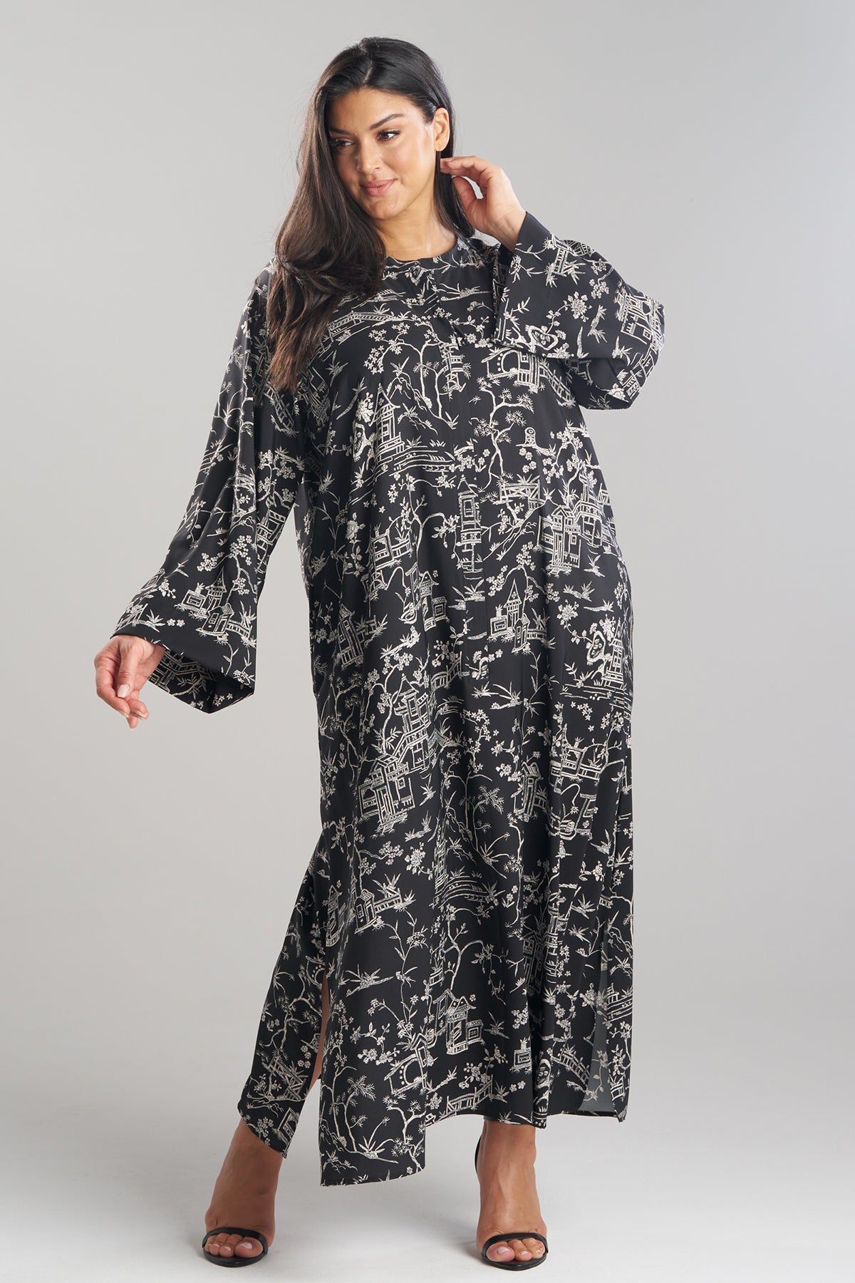 NATORI Toile Printed Satin Mandarin Zip Caftan