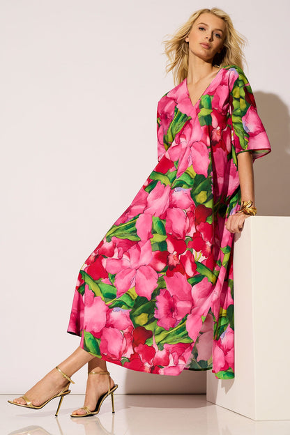 NATORI Isla Printed Satin V-Neck Caftan