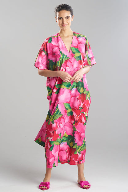 NATORI Isla Printed Satin V-Neck Caftan