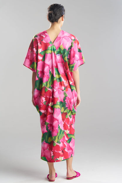 NATORI Isla Printed Satin V-Neck Caftan