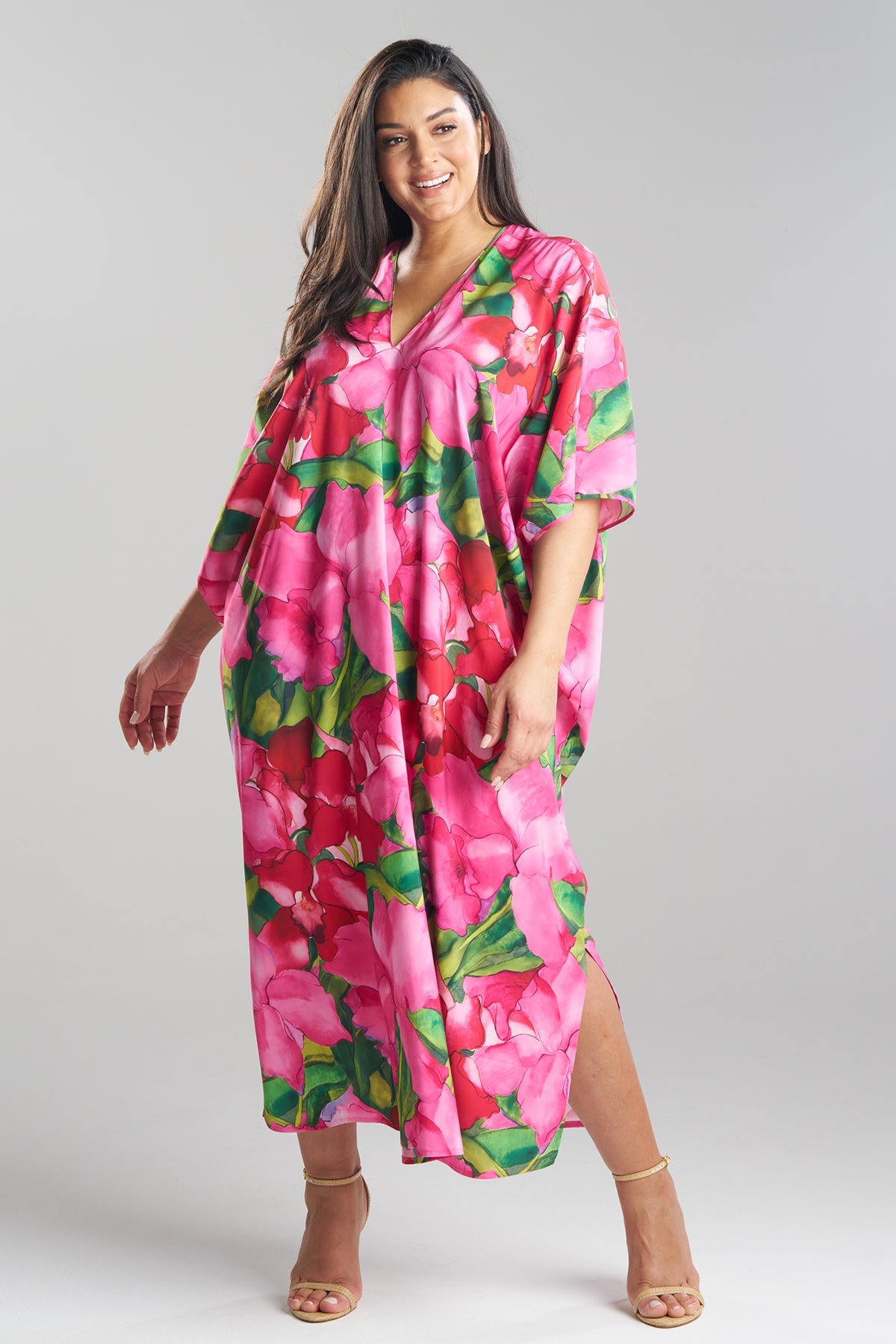 NATORI Isla Printed Satin V-Neck Caftan