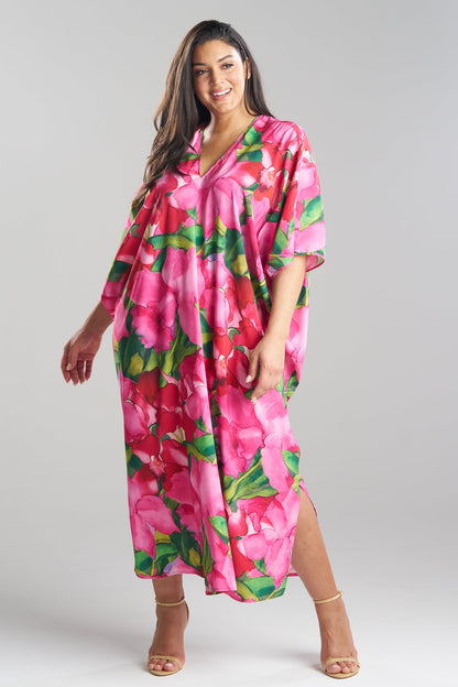 NATORI Isla Printed Satin V-Neck Caftan