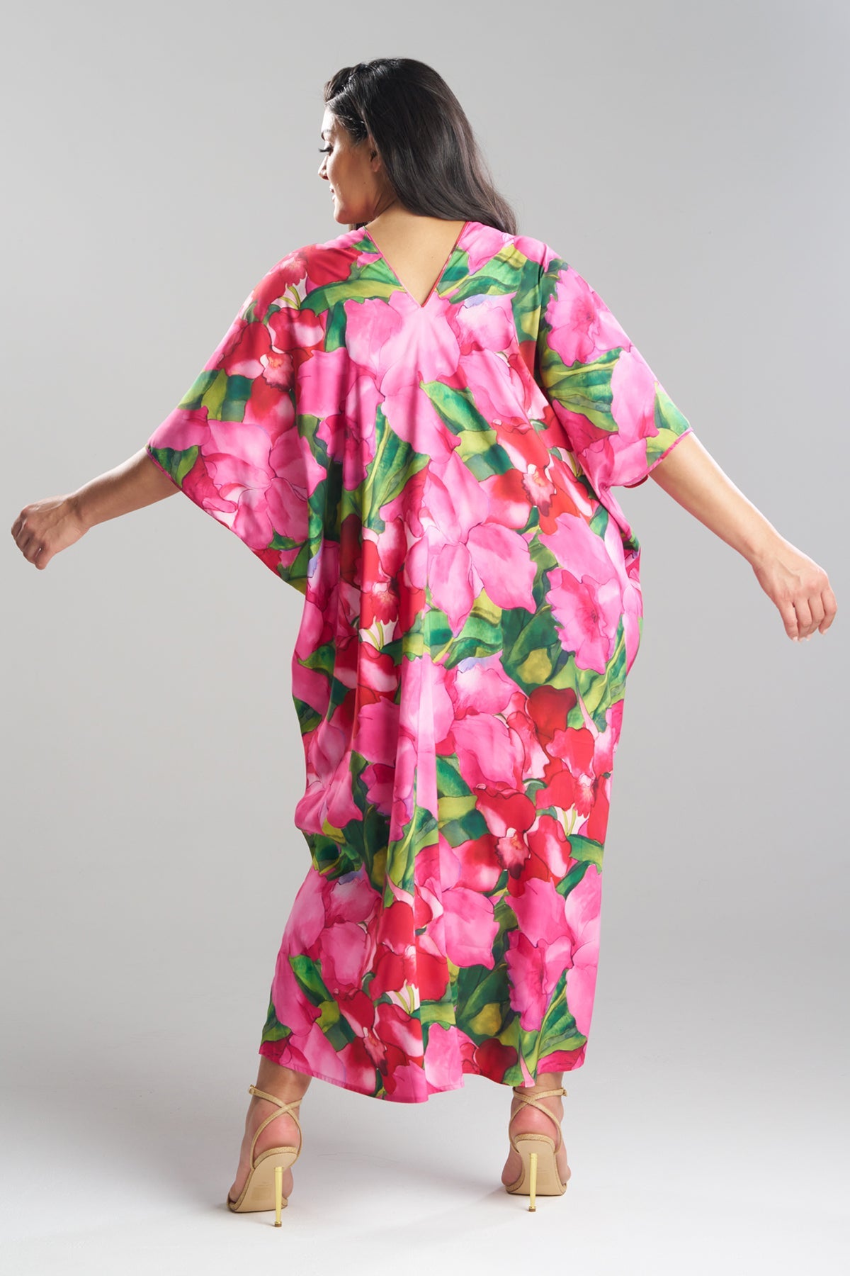 NATORI Isla Printed Satin V-Neck Caftan
