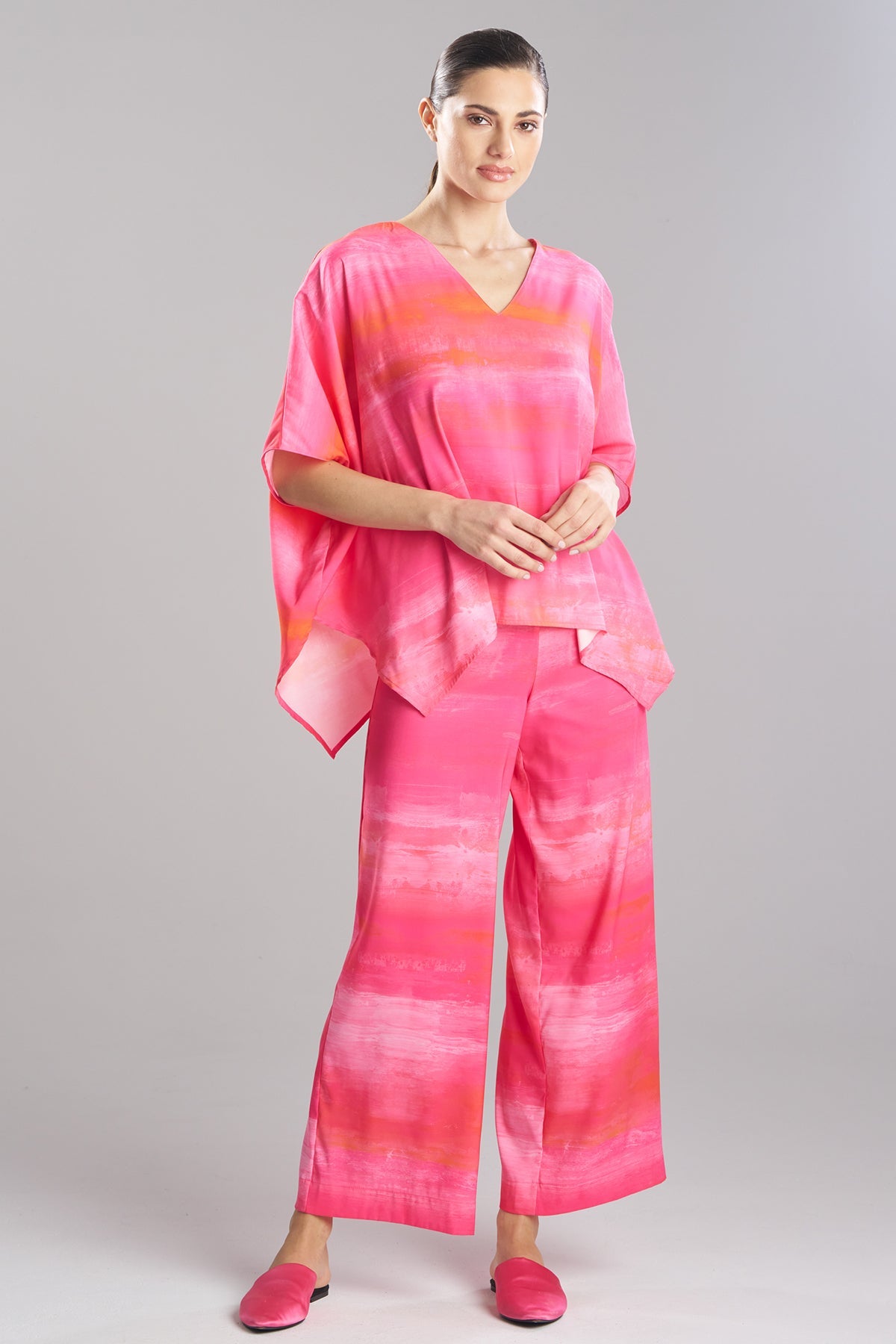NATORI Aurora Printed Satin Caftan Top