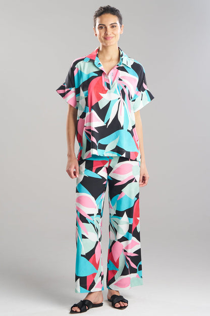 NATORI Abstract Palm Printed Satin Top