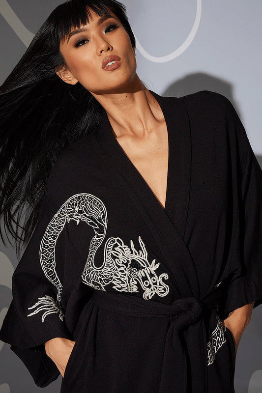NATORI Buy Cocoon Embroidered Robe in Black Online