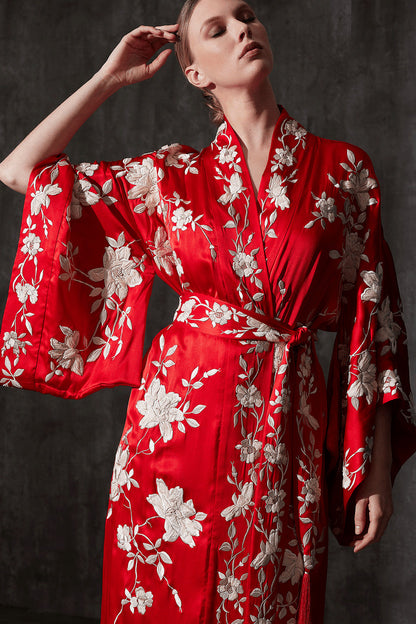 NATORI Buy Key Essentials Embroidered Kimono Tassel Silk Robe in Scarlet Online