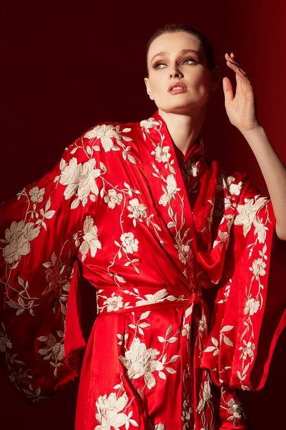 NATORI Buy Key Essentials Embroidered Kimono Tassel Silk Robe in Scarlet Online