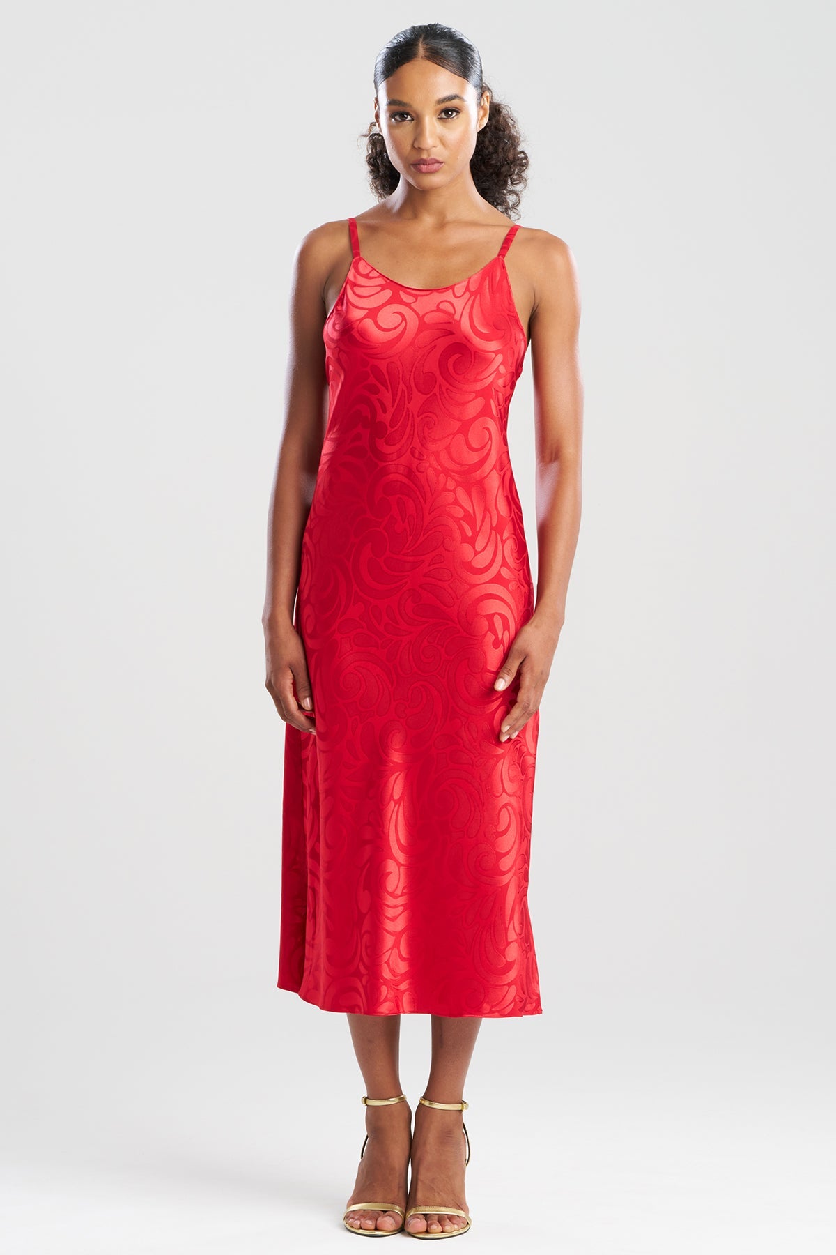 NATORI Scroll Satin Jacquard Scoop Neck Slip Dress