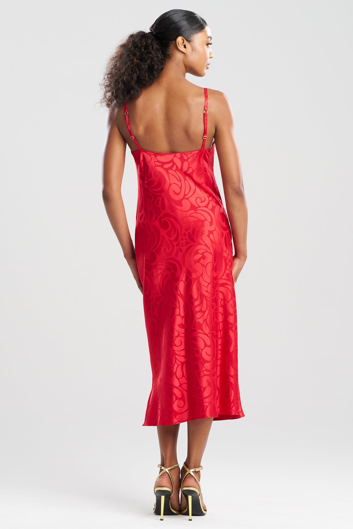 NATORI Scroll Satin Jacquard Scoop Neck Slip Dress