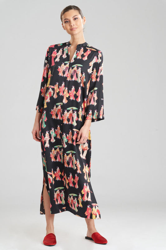 NATORI Buy Geisha-Printed Satin Caftan in Black Multi Online