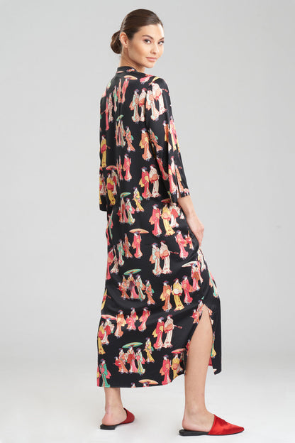 NATORI Buy Geisha-Printed Satin Caftan in Black Multi Online