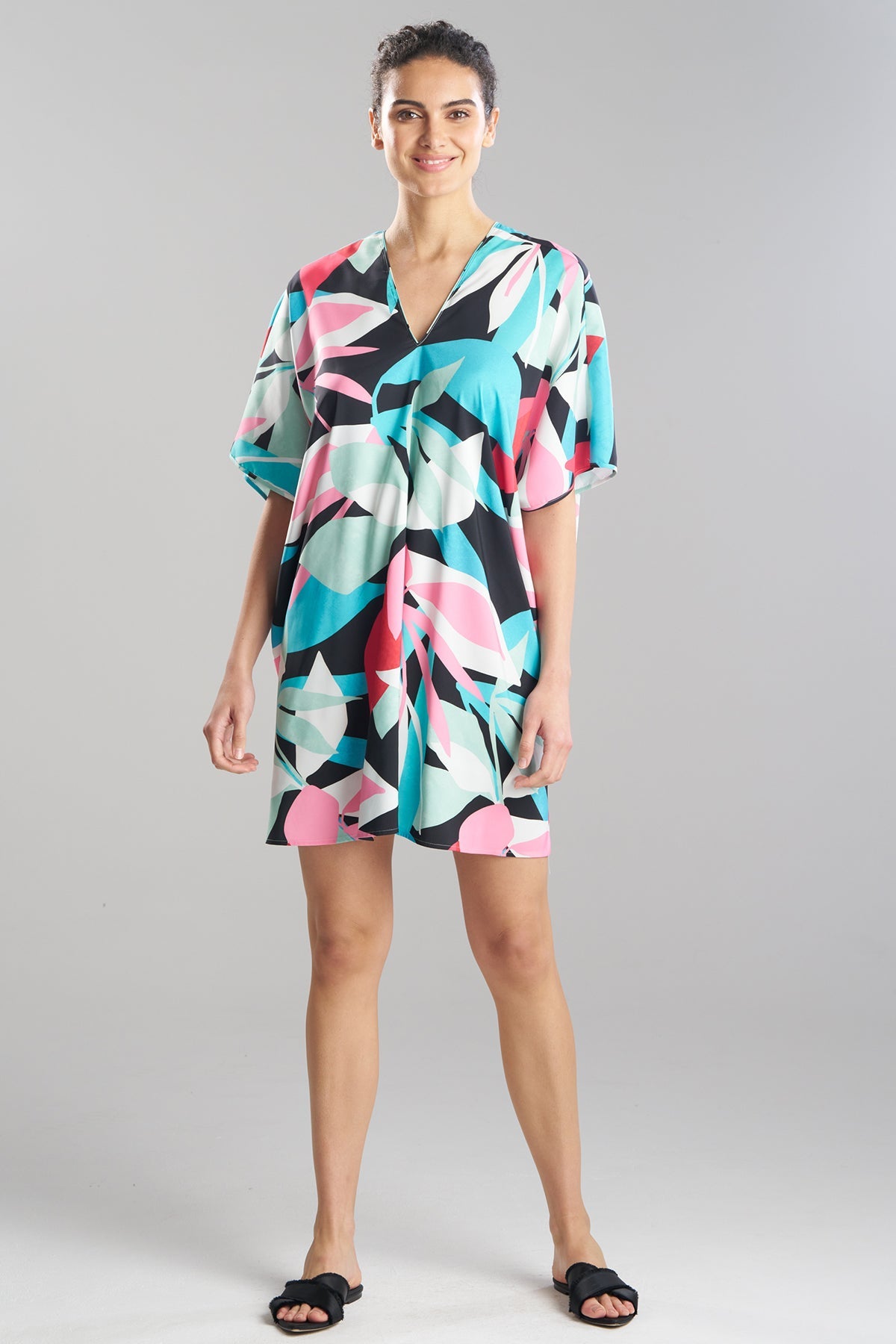 NATORI Abstract Palm Printed Satin Caftan