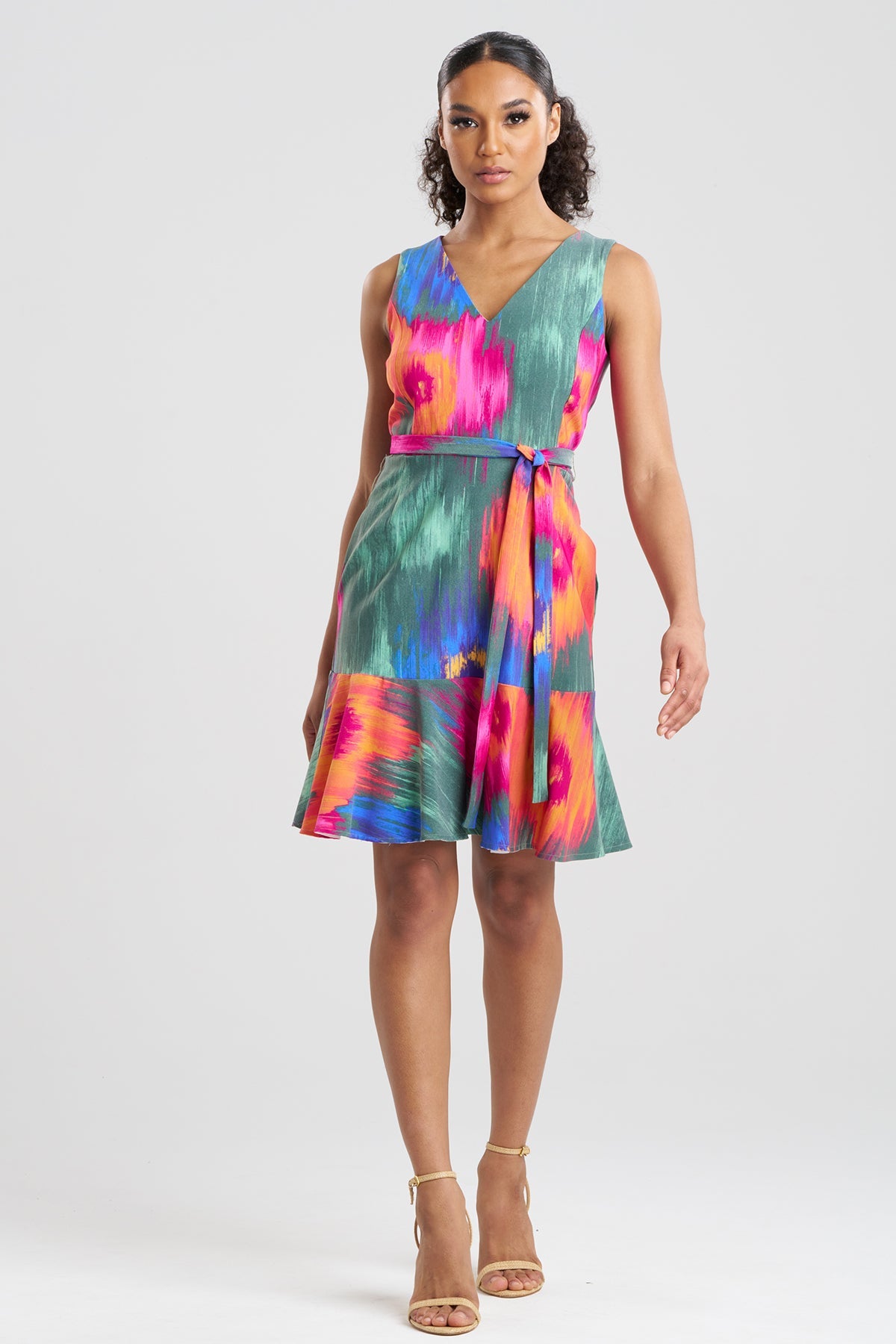 NATORI Multi Floral Belted Ruffle Dress