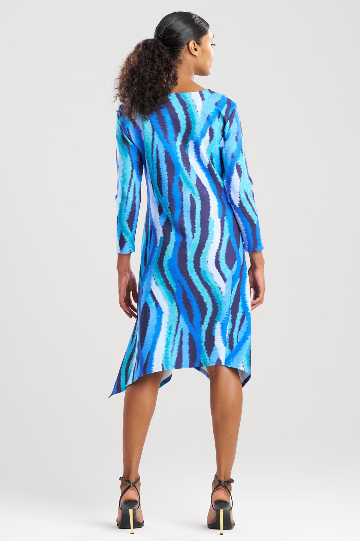 NATORI Jagged Swirl Knit Crepe Long Sleeve V-Neck Dress
