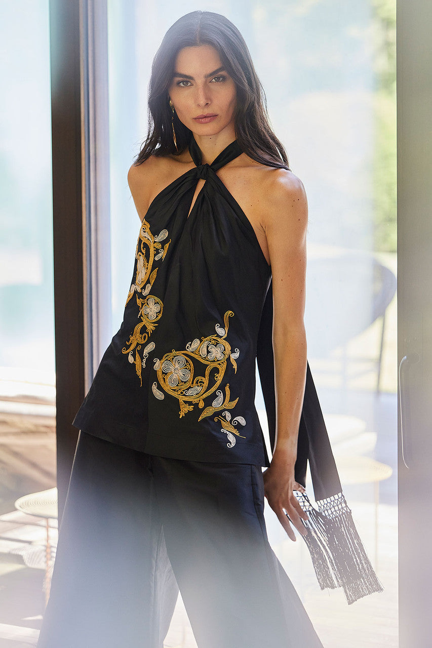 NATORI Buy Silk Dupioni Embroidered Halter Top in Black Online