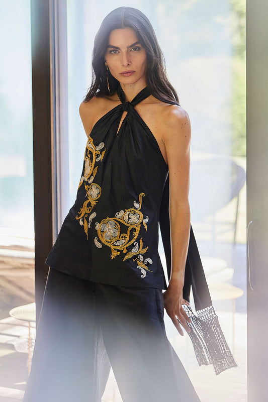 NATORI Buy Silk Dupioni Embroidered Halter Top in Black Online