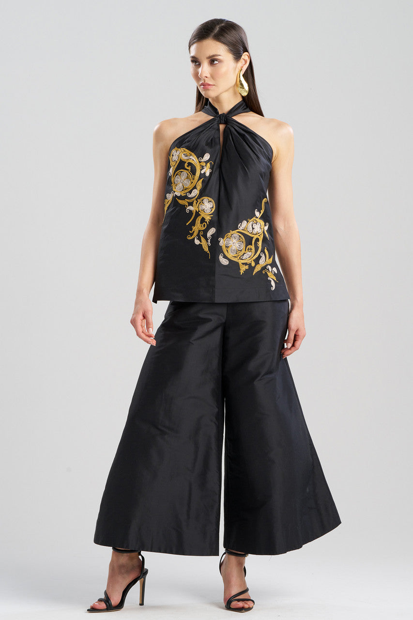 NATORI Buy Silk Dupioni Embroidered Halter Top in Black Online