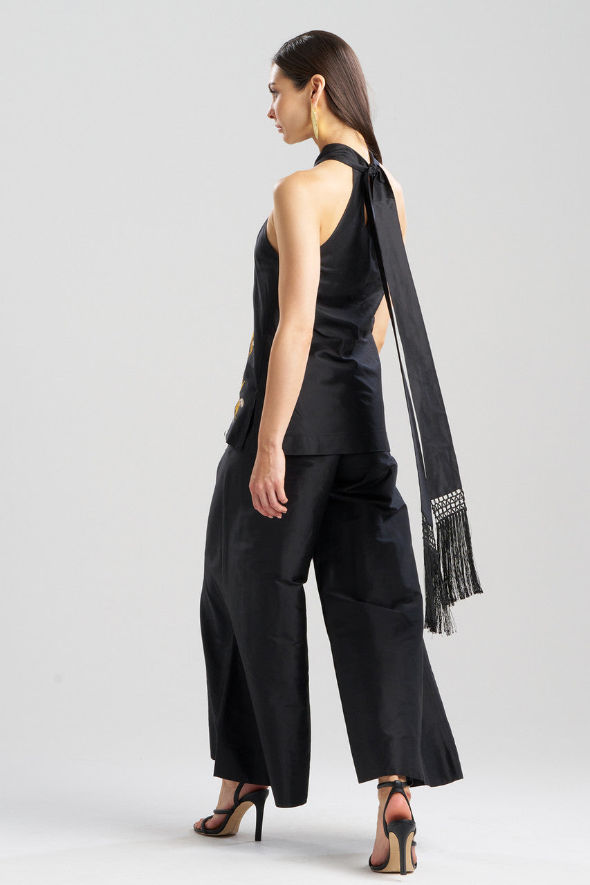 NATORI Buy Silk Dupioni Embroidered Halter Top in Black Online