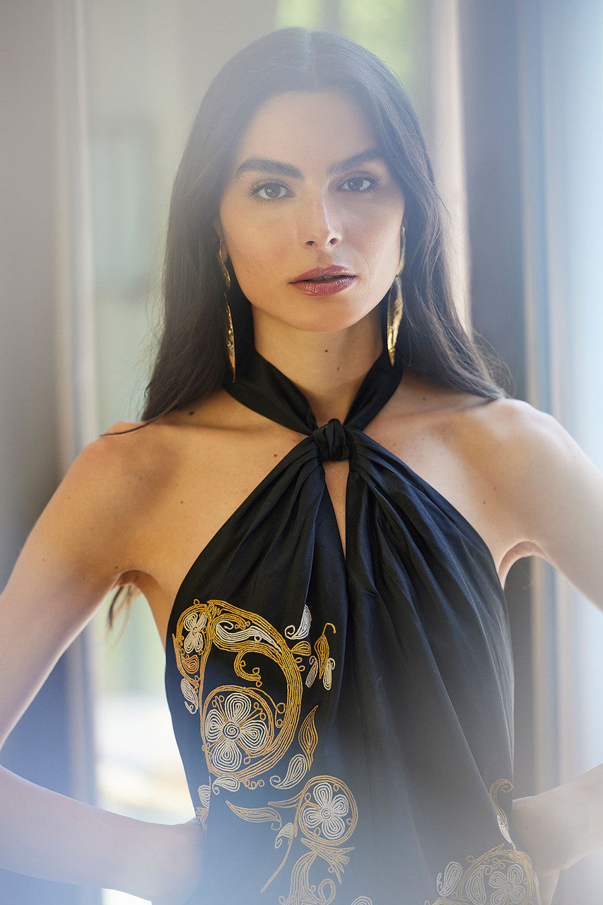 NATORI Buy Silk Dupioni Embroidered Halter Top in Black Online