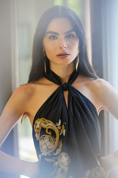 NATORI Buy Silk Dupioni Embroidered Halter Top in Black Online