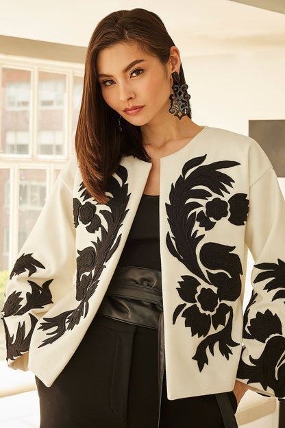 NATORI Buy Felt Embroidered Crop Jacket in Warm White Online