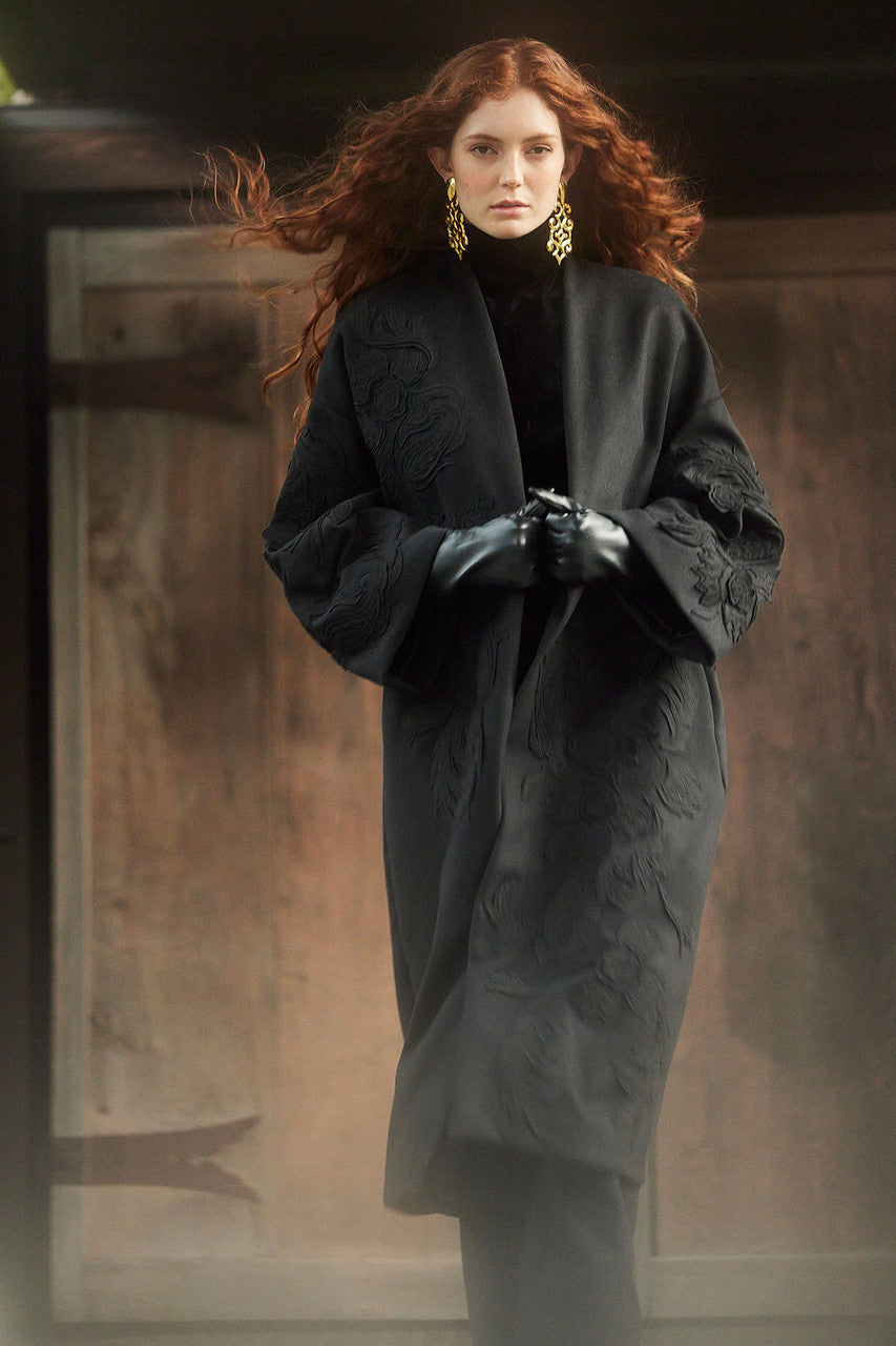 NATORI Buy Felt Embroidered Long Coat in Black Online