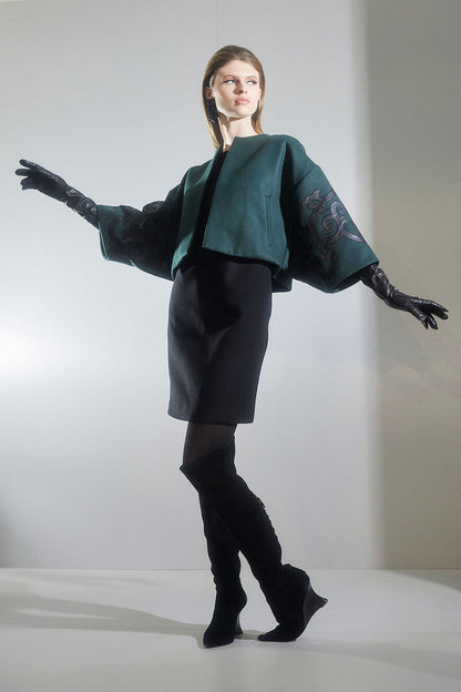 NATORI Buy Felt Embroidered Cropped Jacket in Bottle Green Online