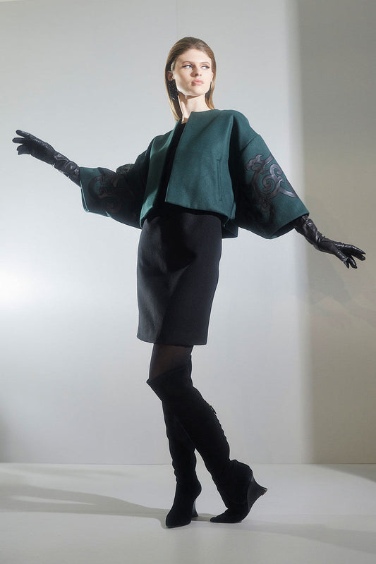 NATORI Buy Felt Embroidered Cropped Jacket in Bottle Green Online