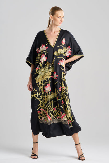 NATORI Couture Lotus Embroidered Cocoon Silk Caftan
