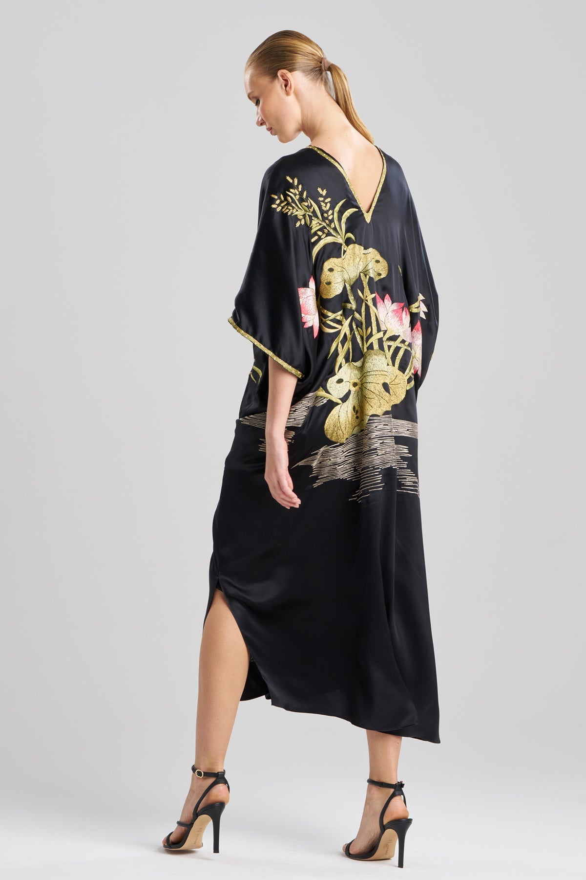 NATORI Couture Lotus Embroidered Cocoon Silk Caftan