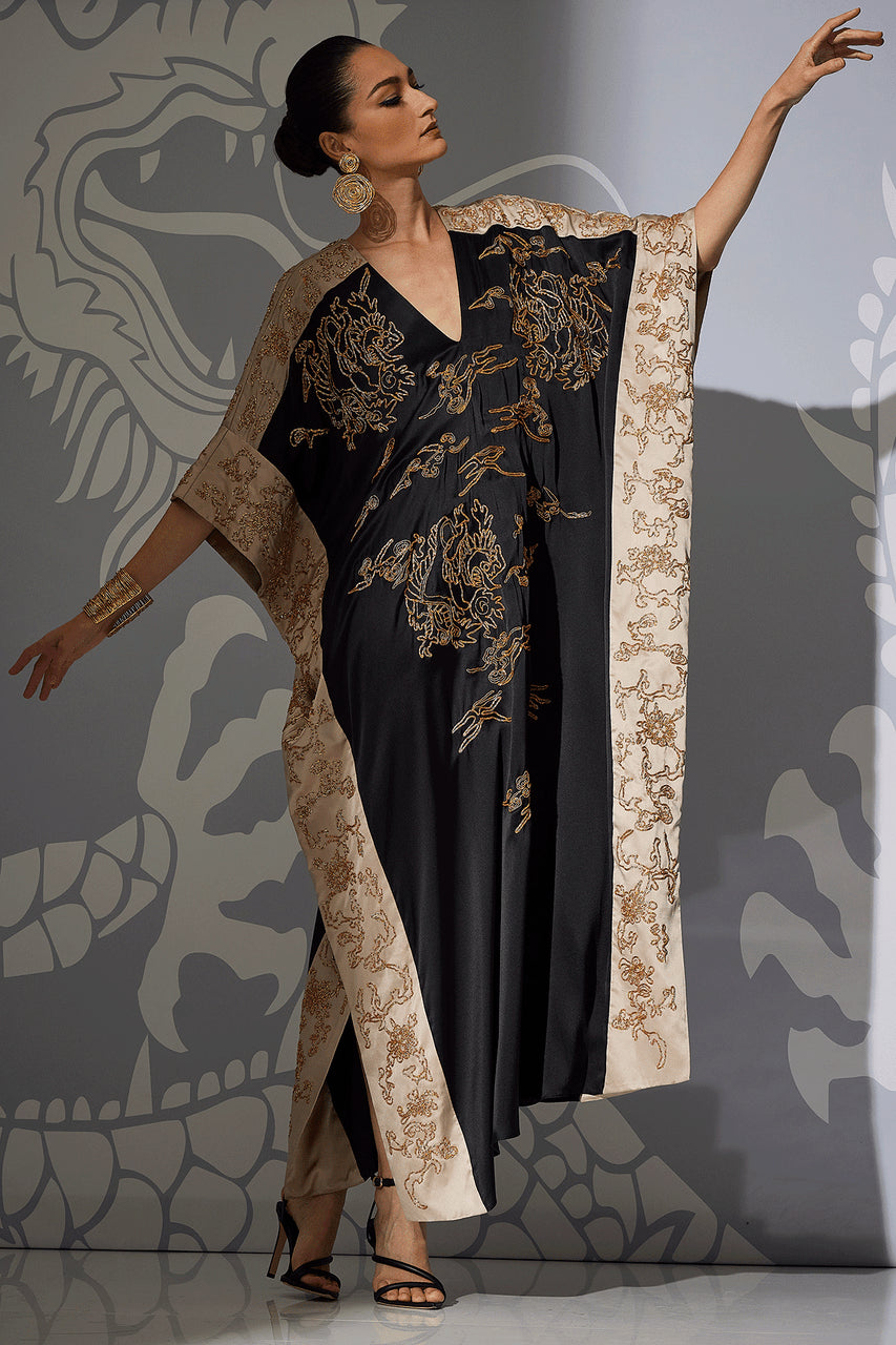 NATORI Buy Couture Dragon Embroidered Cocoon Silk Caftan in Black Online