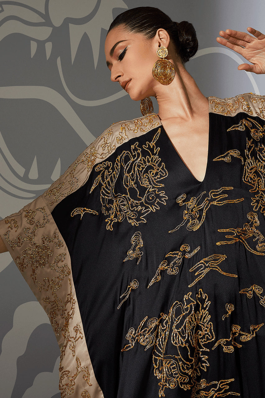 NATORI Buy Couture Dragon Embroidered Cocoon Silk Caftan in Black Online