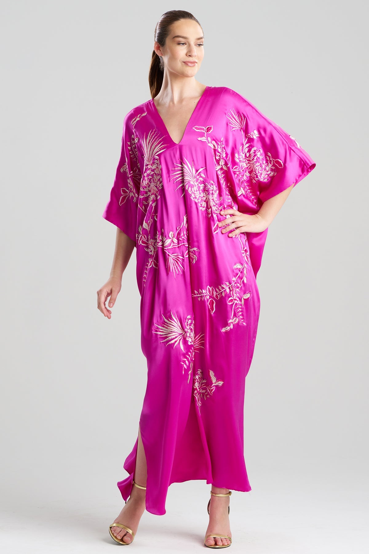 NATORI Couture Chrysanthemum Embroidered Cocoon Silk Caftan