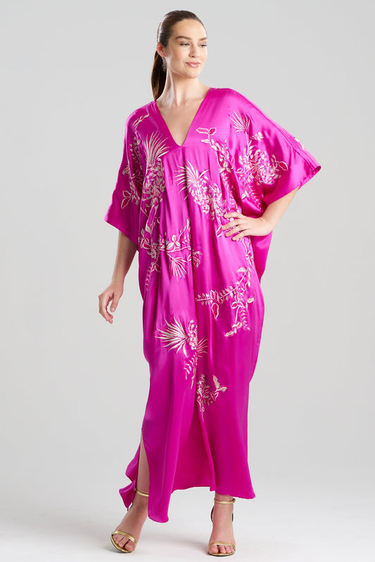 NATORI Couture Chrysanthemum Embroidered Cocoon Silk Caftan