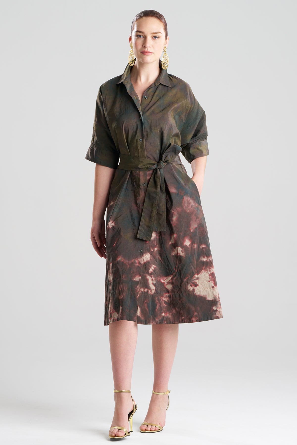 NATORI Niji Tie Dye Taffeta Belted Shirtdress