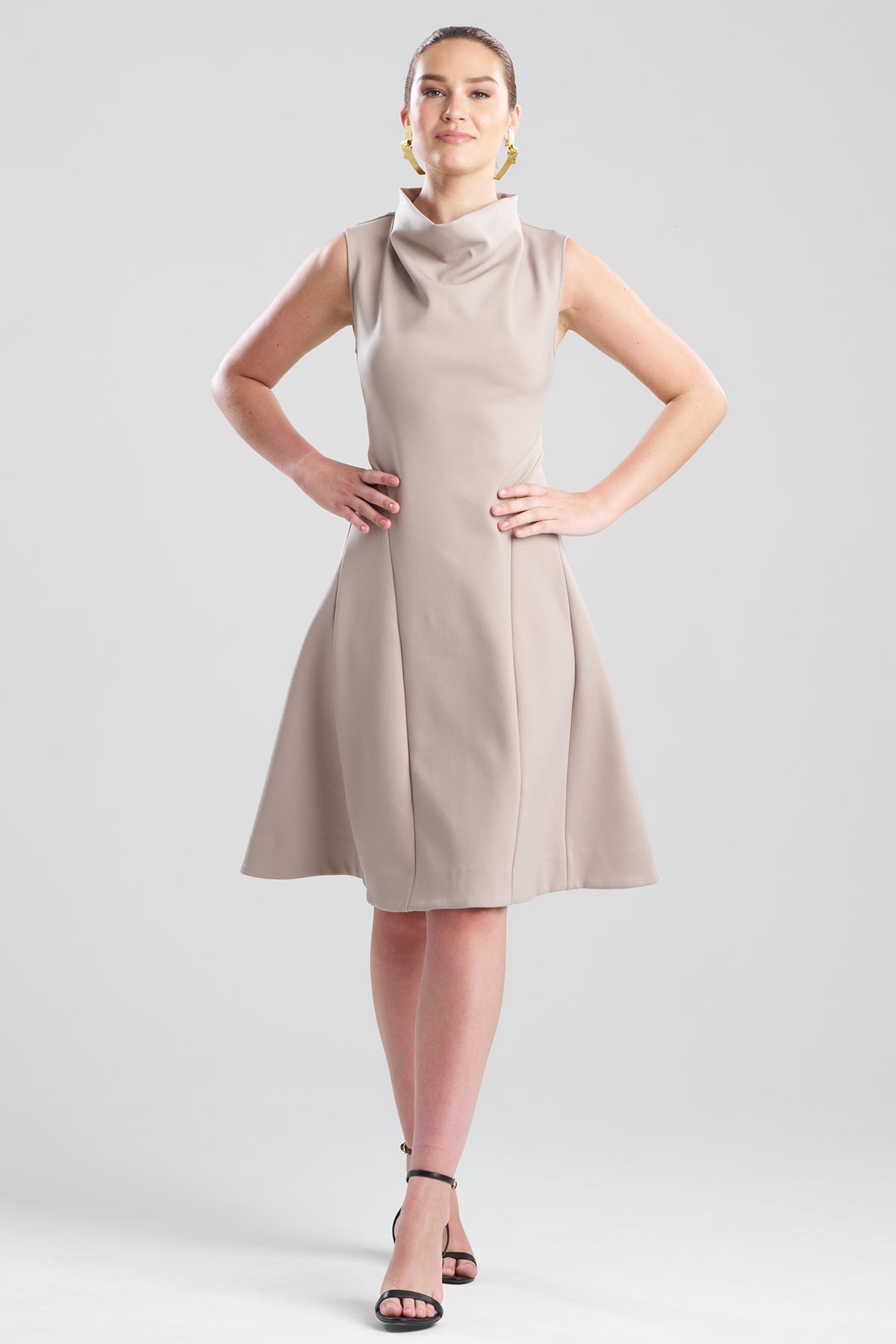 NATORI Techno Crepe Fit & Flare Funnel Neck Dress