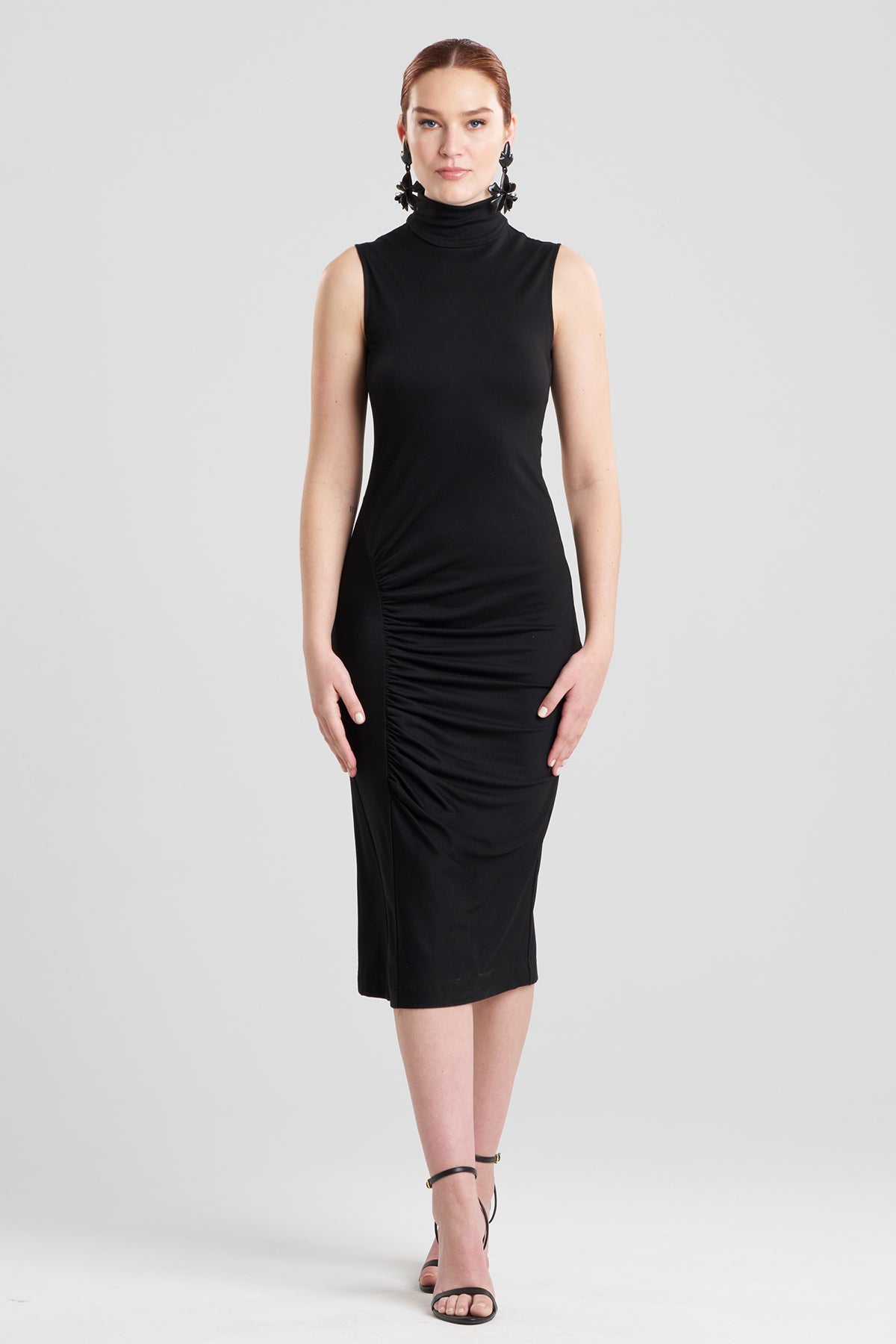 NATORI Crepe Knit Mock Neck Ruched Dress