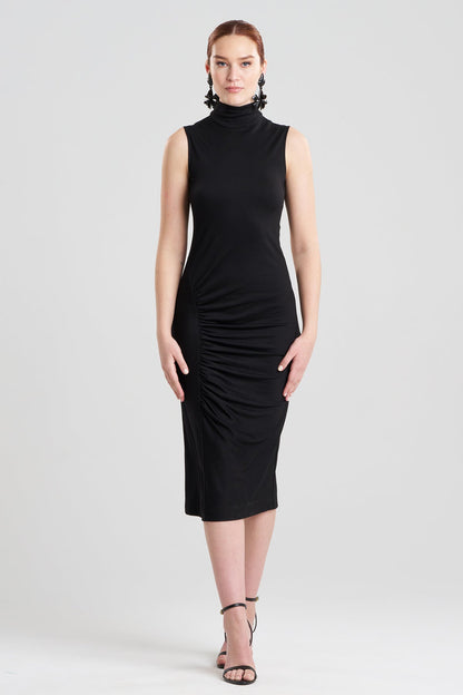 NATORI Crepe Knit Mock Neck Ruched Dress