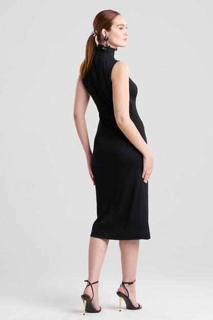 NATORI Crepe Knit Mock Neck Ruched Dress