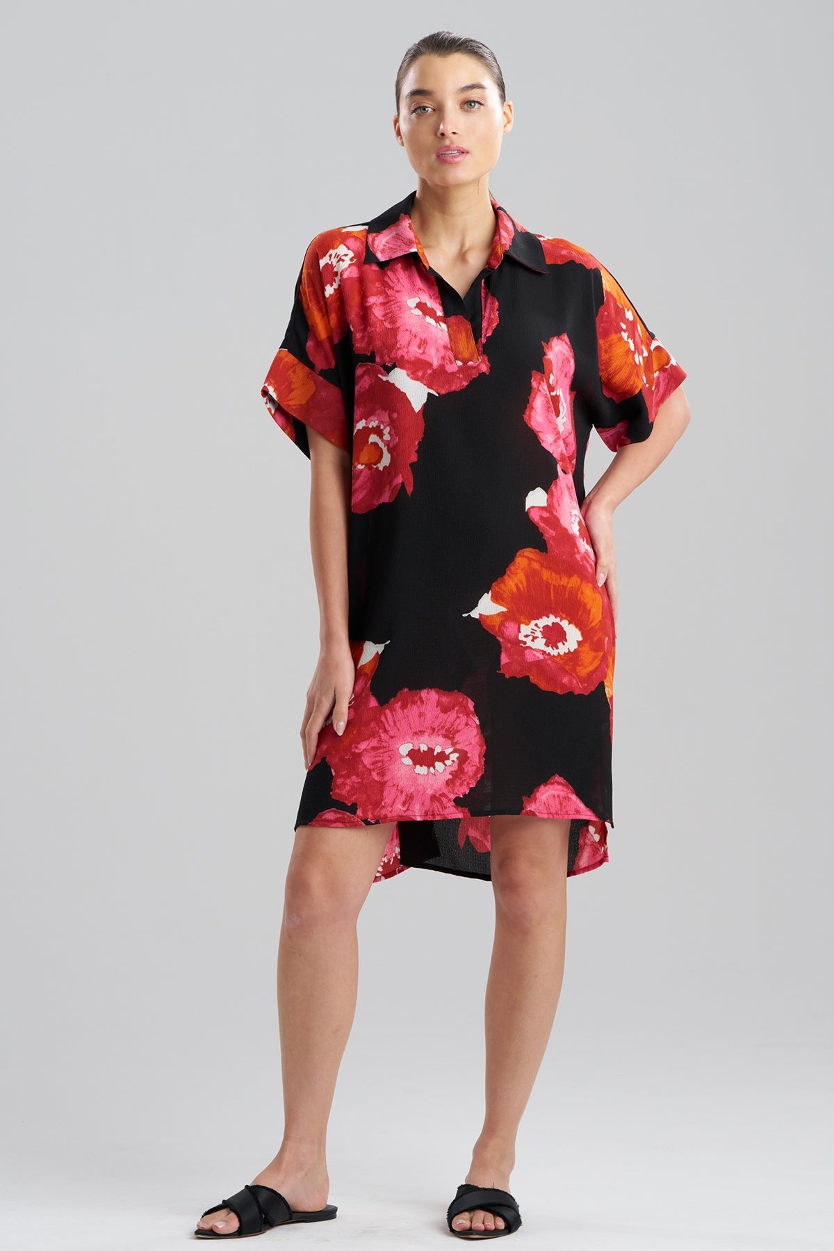 NATORI Bold Poppy Crinkle Dolman Shirtdress