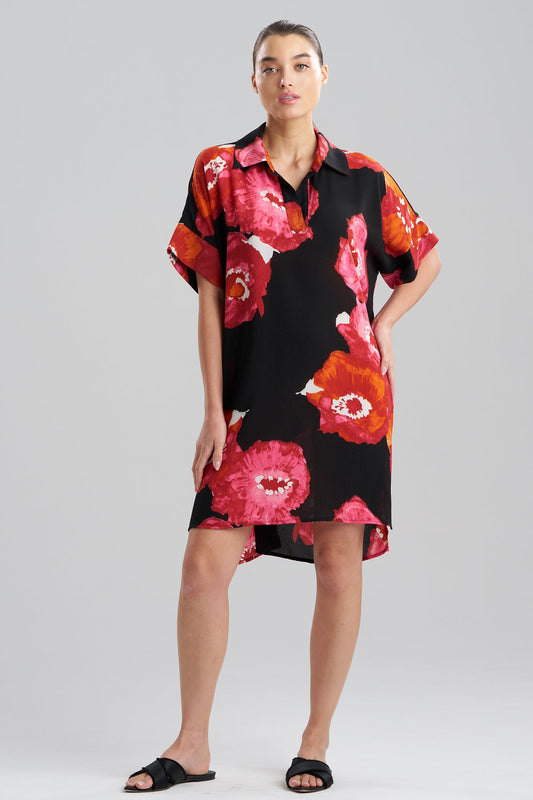 NATORI Bold Poppy Crinkle Dolman Shirtdress