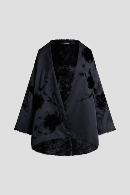 NATORI Couture Duchess Satin Embroidered Fur Coat